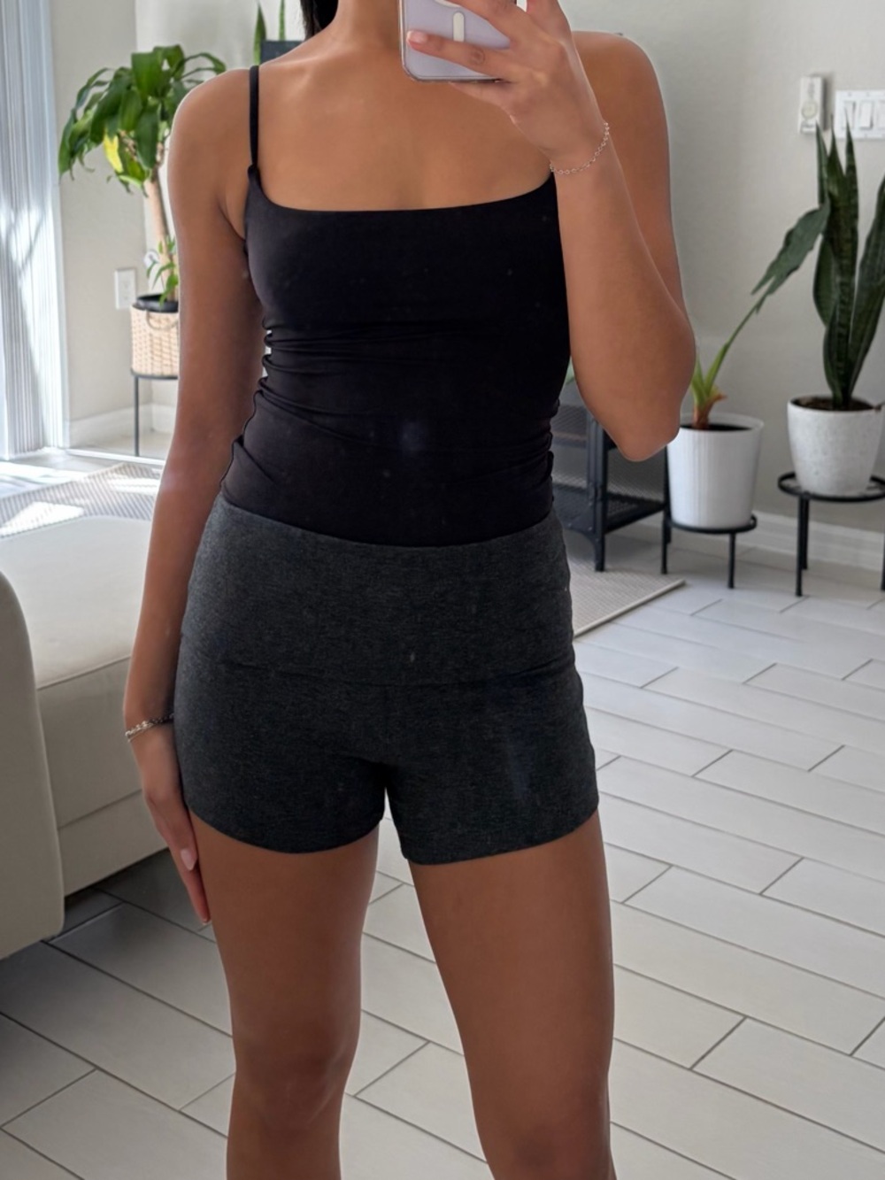 High-Rise Womens Charcoal Active Shorts - Stretch Performance